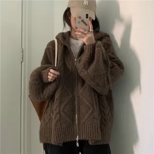 Oversize Knitted Cardigan - Cozy Hooded Collar & Puff Sleeves