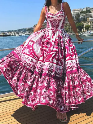 Paisley Print Maxi Dress with Flared Waist and V-Neck