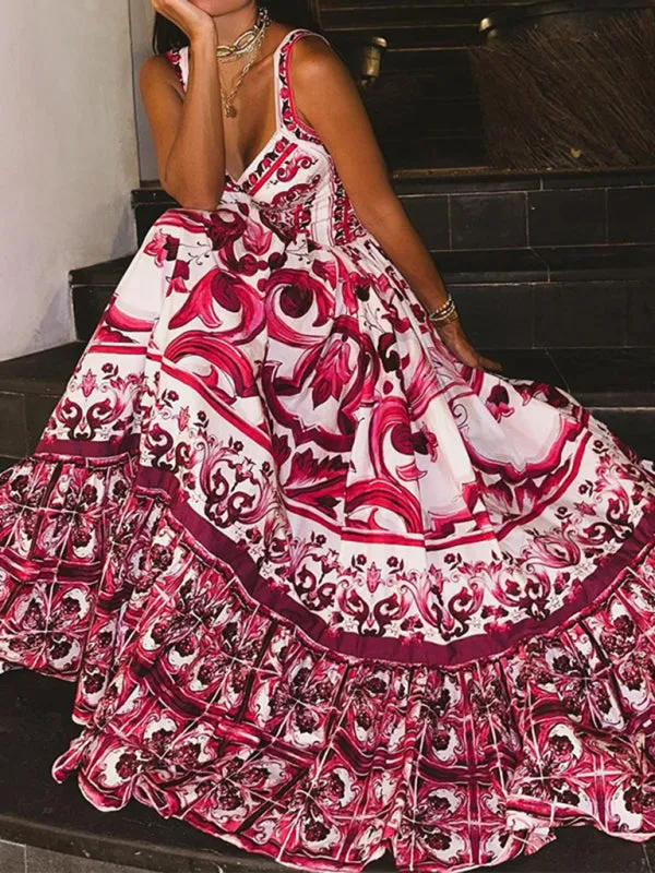 Paisley Print Maxi Dress with Flared Waist and V-Neck
