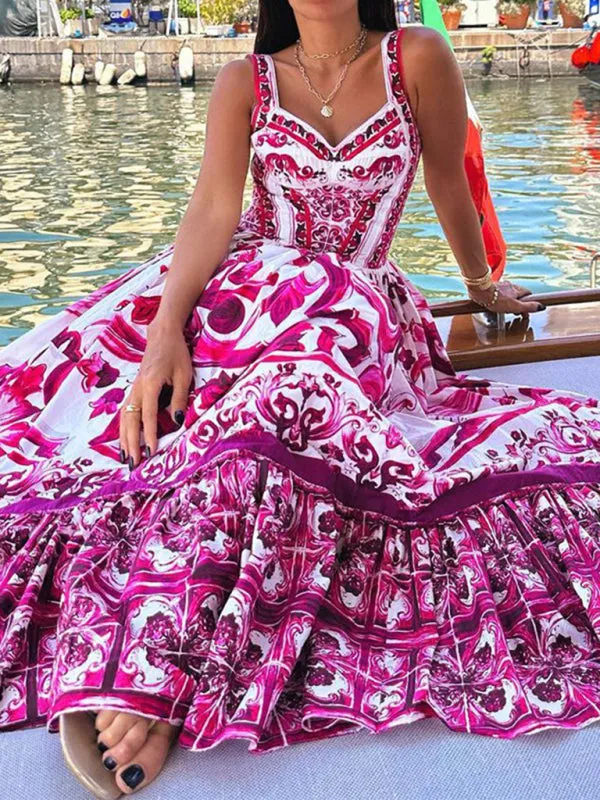 Paisley Print Maxi Dress with Flared Waist and V-Neck