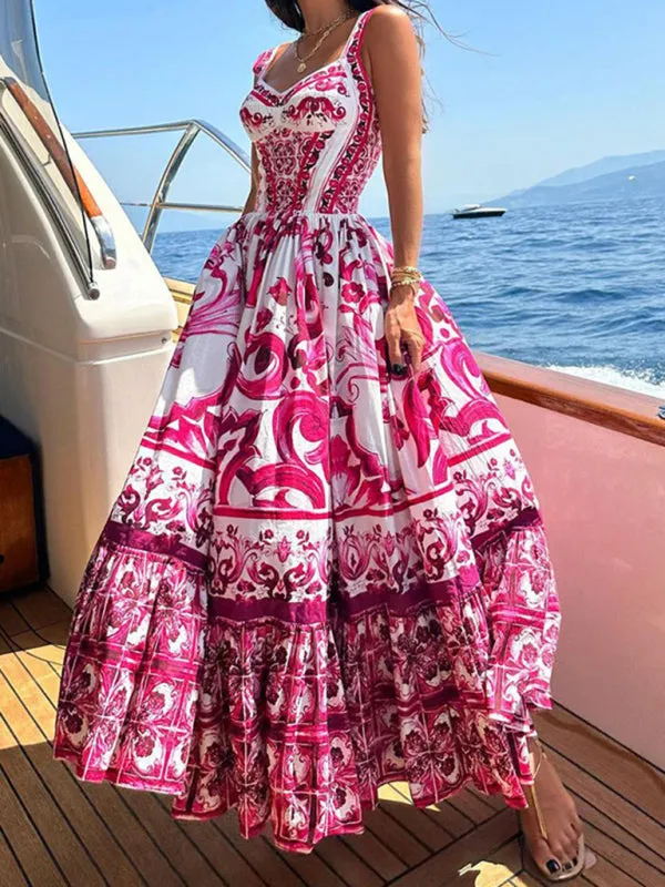 Paisley Print Maxi Dress with Flared Waist and V-Neck