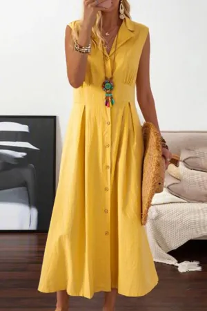 Peggy - sleeveless midi dress with overlap buttons.
