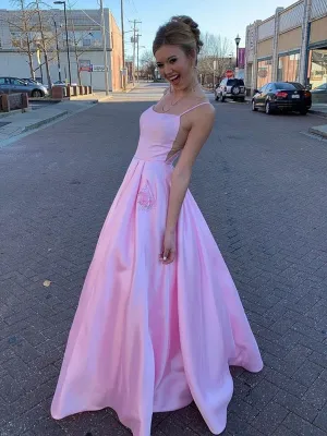 Pink A Line Satin Floral Long Prom with Pockets, Floral Pink Formal Graduation Evening