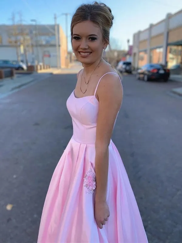 Pink A Line Satin Floral Long Prom with Pockets, Floral Pink Formal Graduation Evening