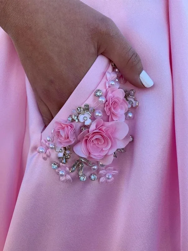 Pink A Line Satin Floral Long Prom with Pockets, Floral Pink Formal Graduation Evening
