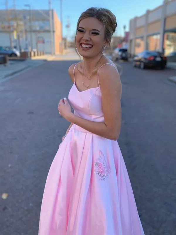 Pink A Line Satin Floral Long Prom with Pockets, Floral Pink Formal Graduation Evening
