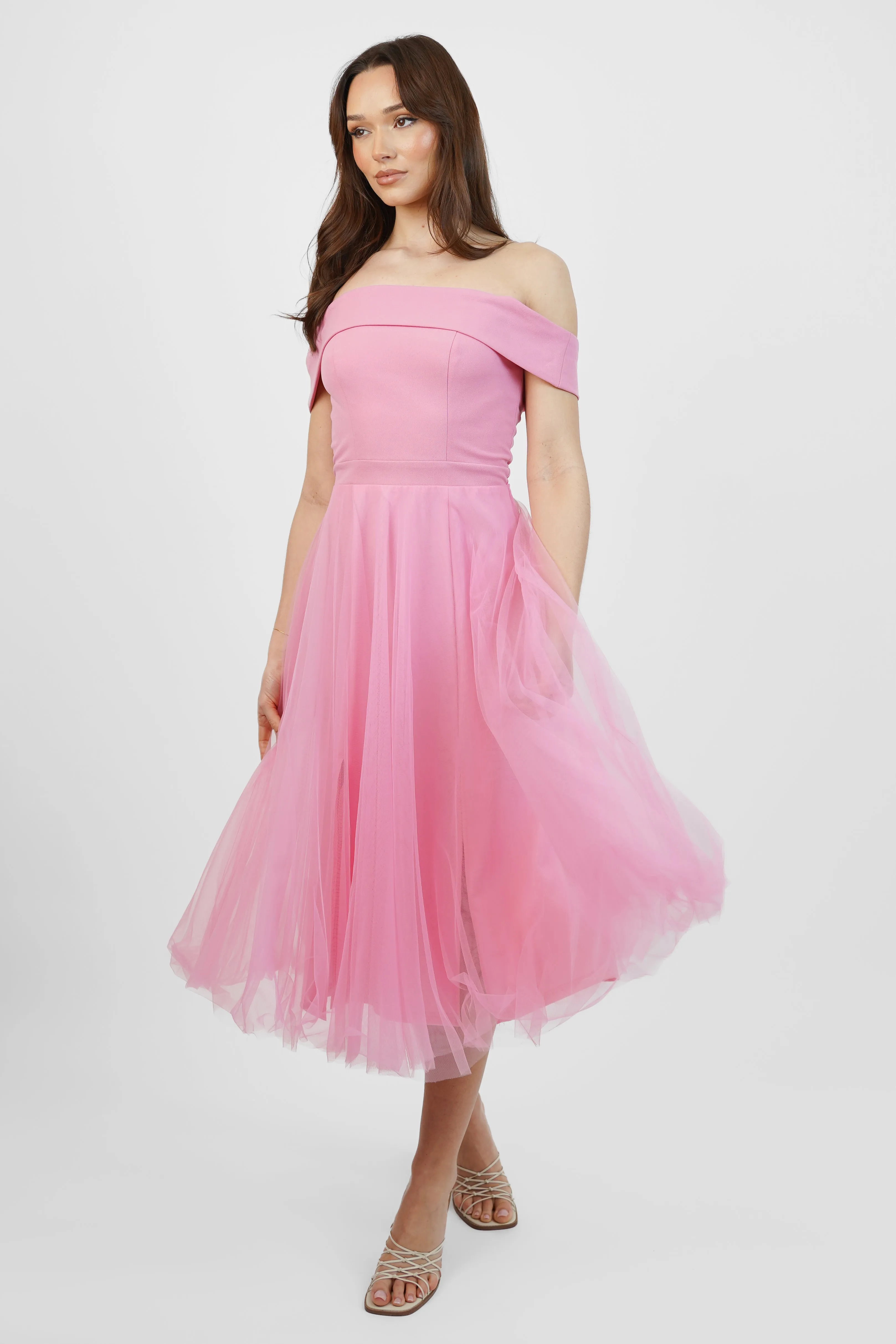 Pink tulle bardot midi dress with slit