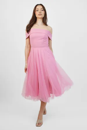 Pink tulle bardot midi dress with slit