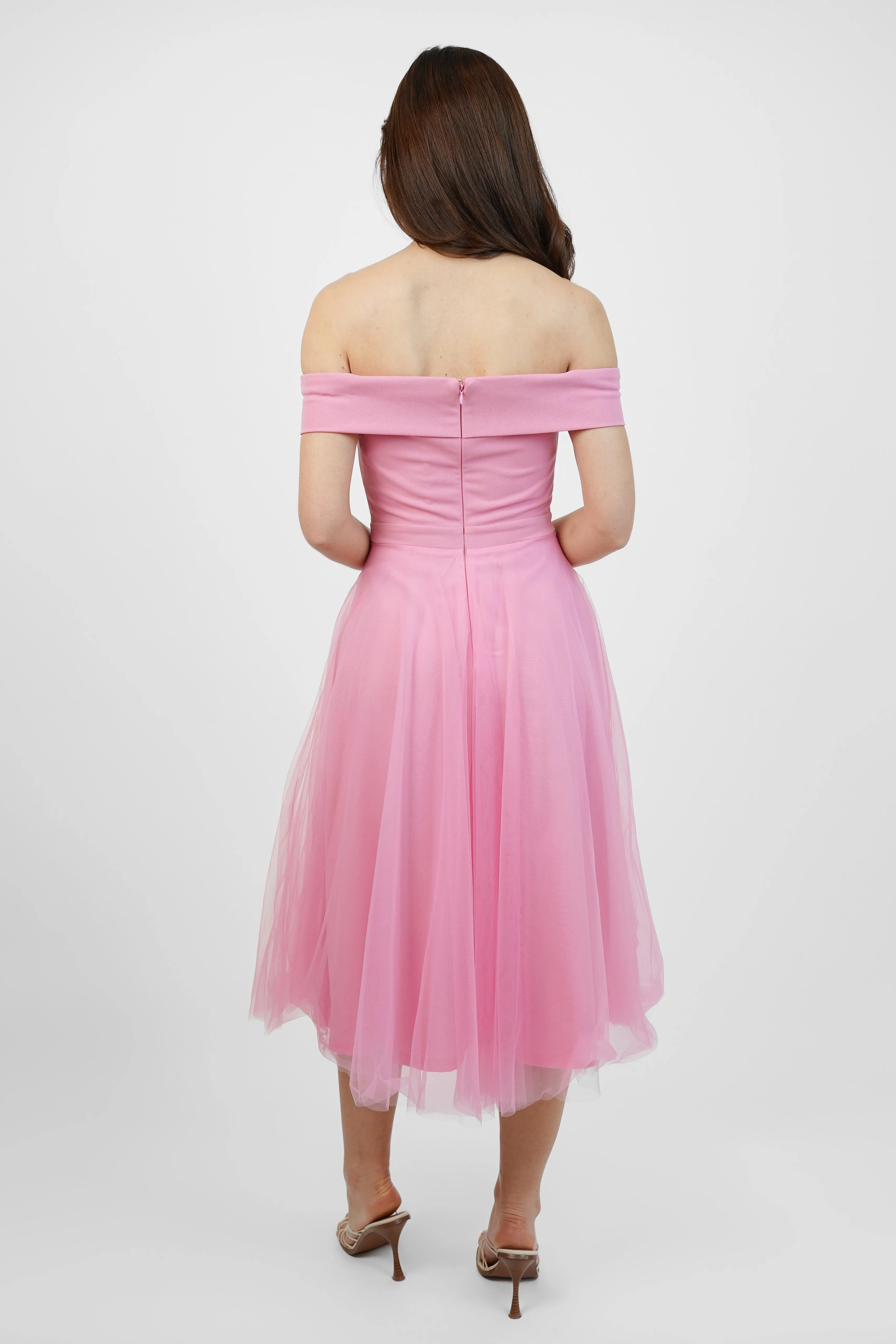 Pink tulle bardot midi dress with slit