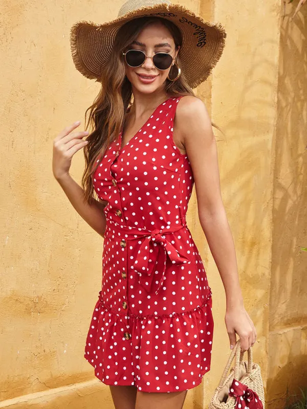Polka Dot Sleeveless Sundress with Button-Down Front and Waist Tie
