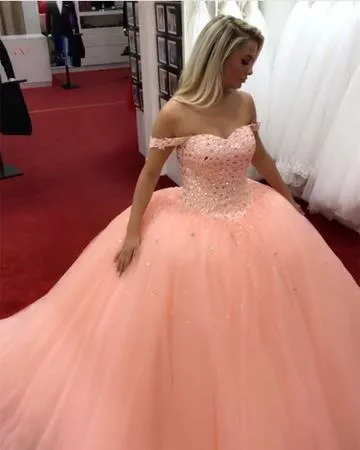 Princess Off The Shoulder Coral Tulle Quinceanera Dresses Beaded Ball Gowns Elegant Sweet 16 Dress