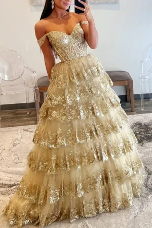 Princess Off the Shoulder Sequined Lace Prom Dresses