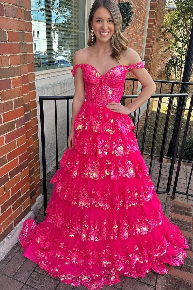 Princess Off the Shoulder Sequined Lace Prom Dresses