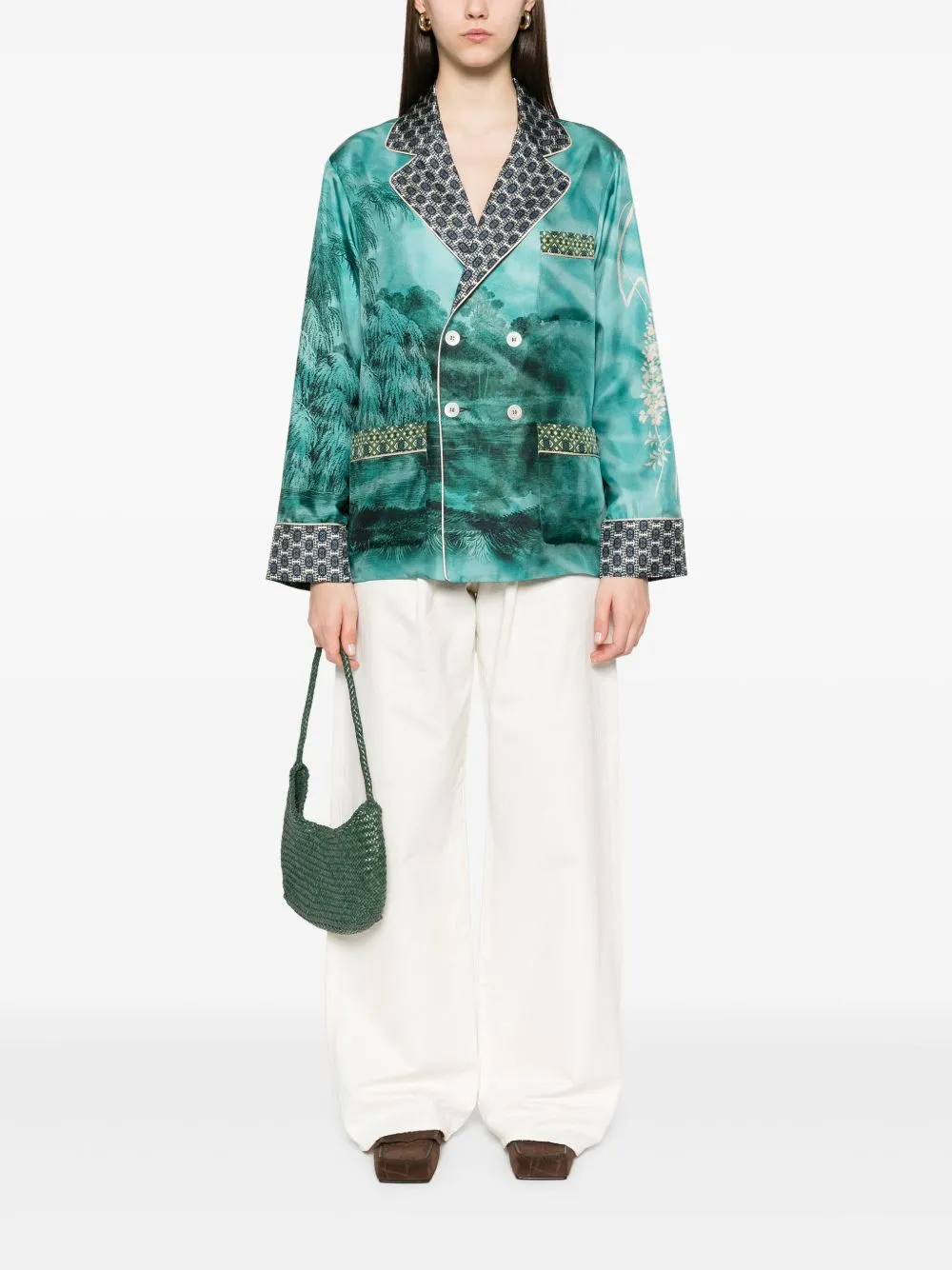Printed silk double-breasted jacket