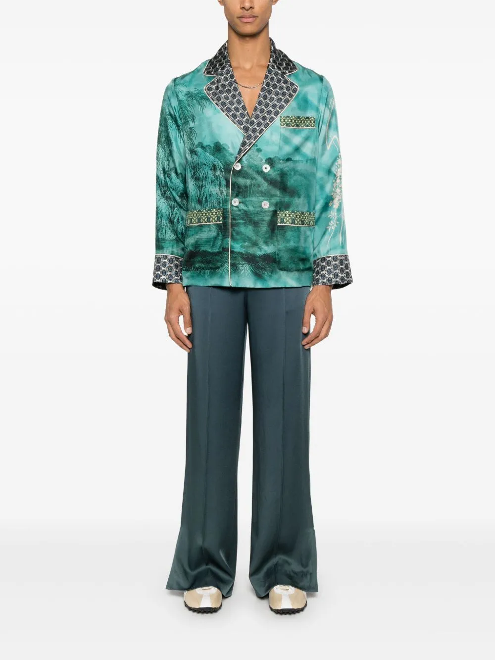 Printed silk double-breasted jacket