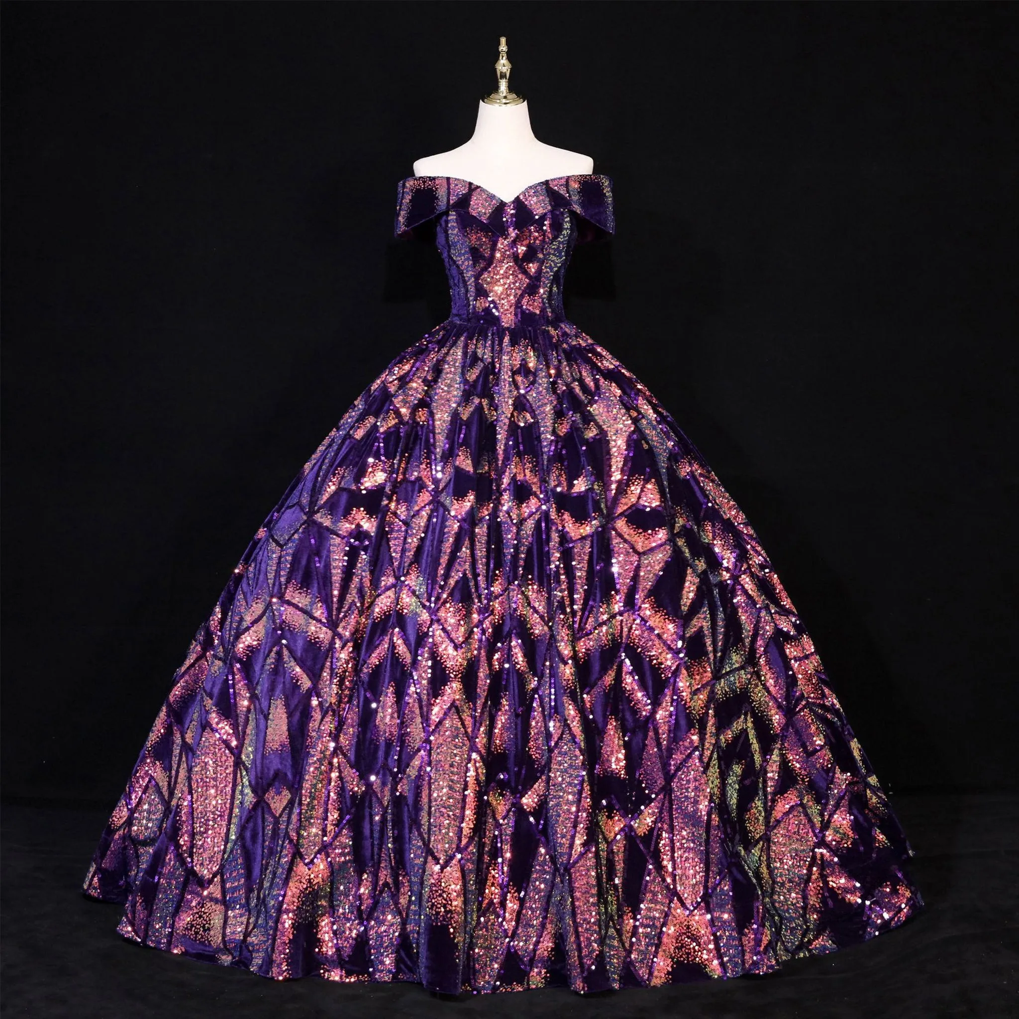 Purple Sequins Off The Shoulder Ball Gown Quinceanera Dresses