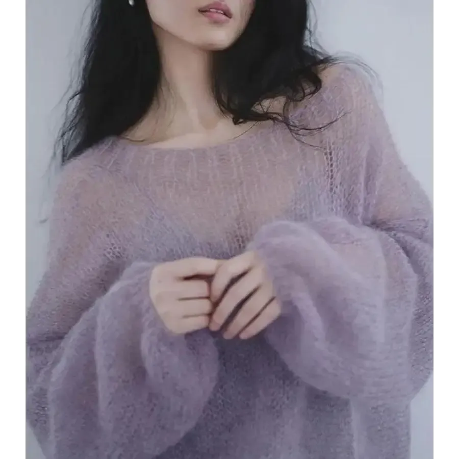 Purple Y2K Sweater with Slash Neck and Puff Sleeves in Mesh Material