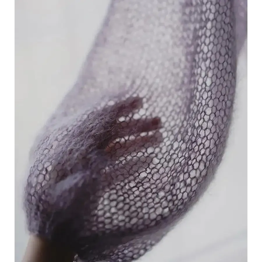 Purple Y2K Sweater with Slash Neck and Puff Sleeves in Mesh Material
