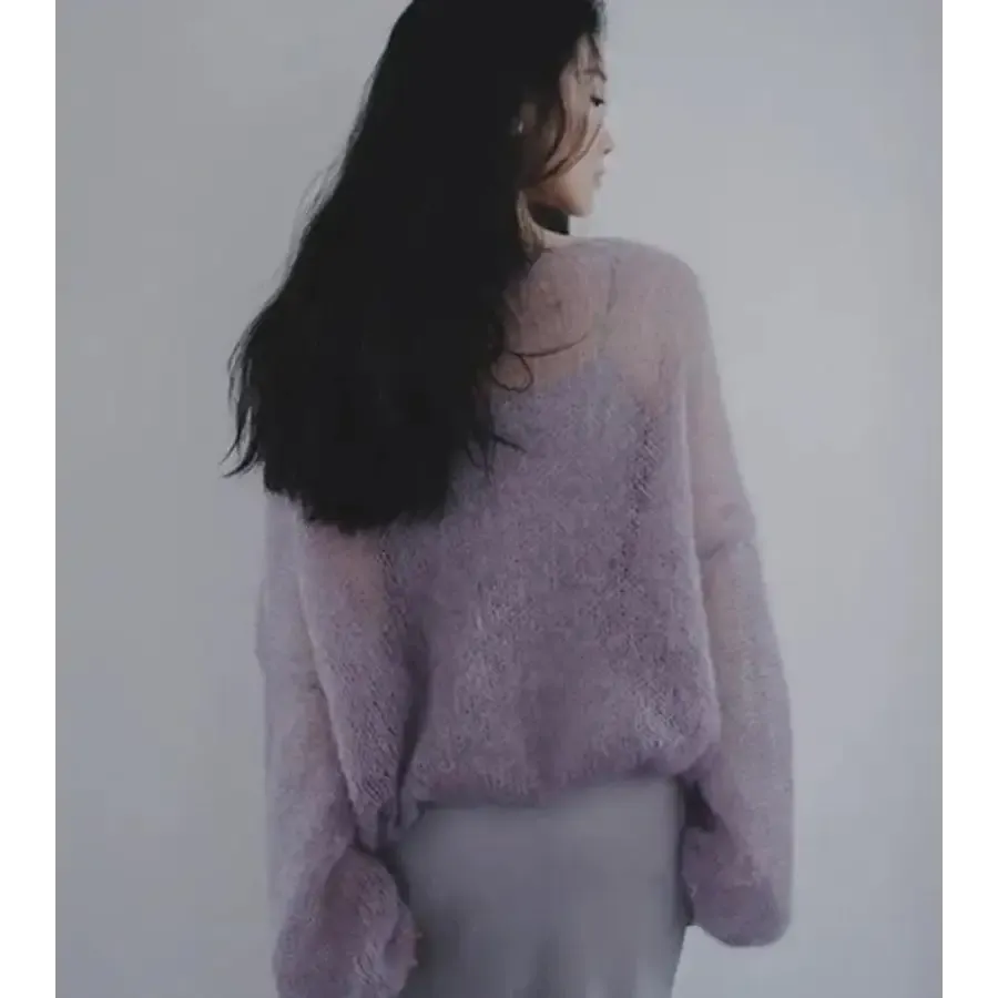 Purple Y2K Sweater with Slash Neck and Puff Sleeves in Mesh Material