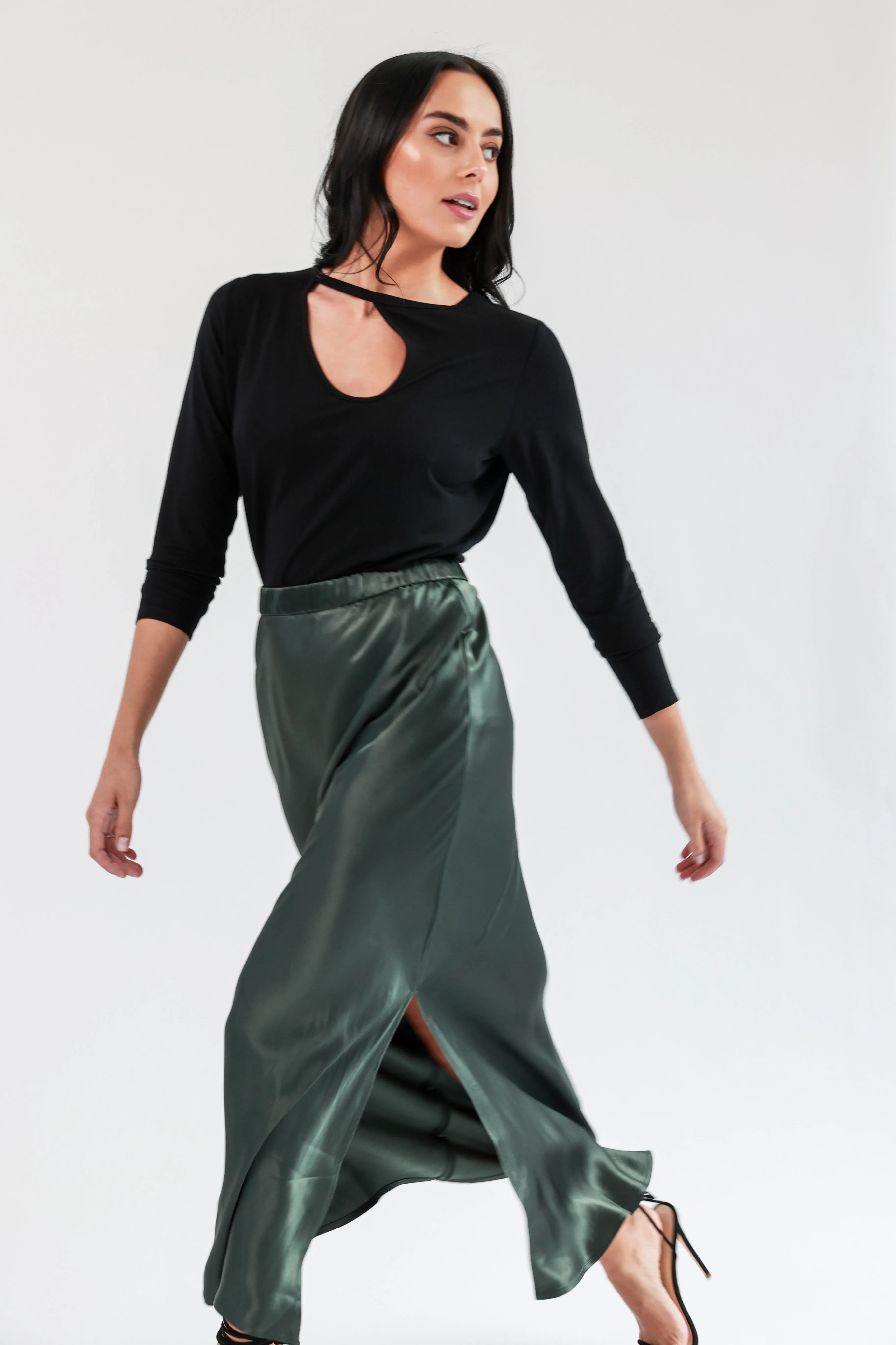 "The Orla" - Satin Midi Skirt (Khaki)