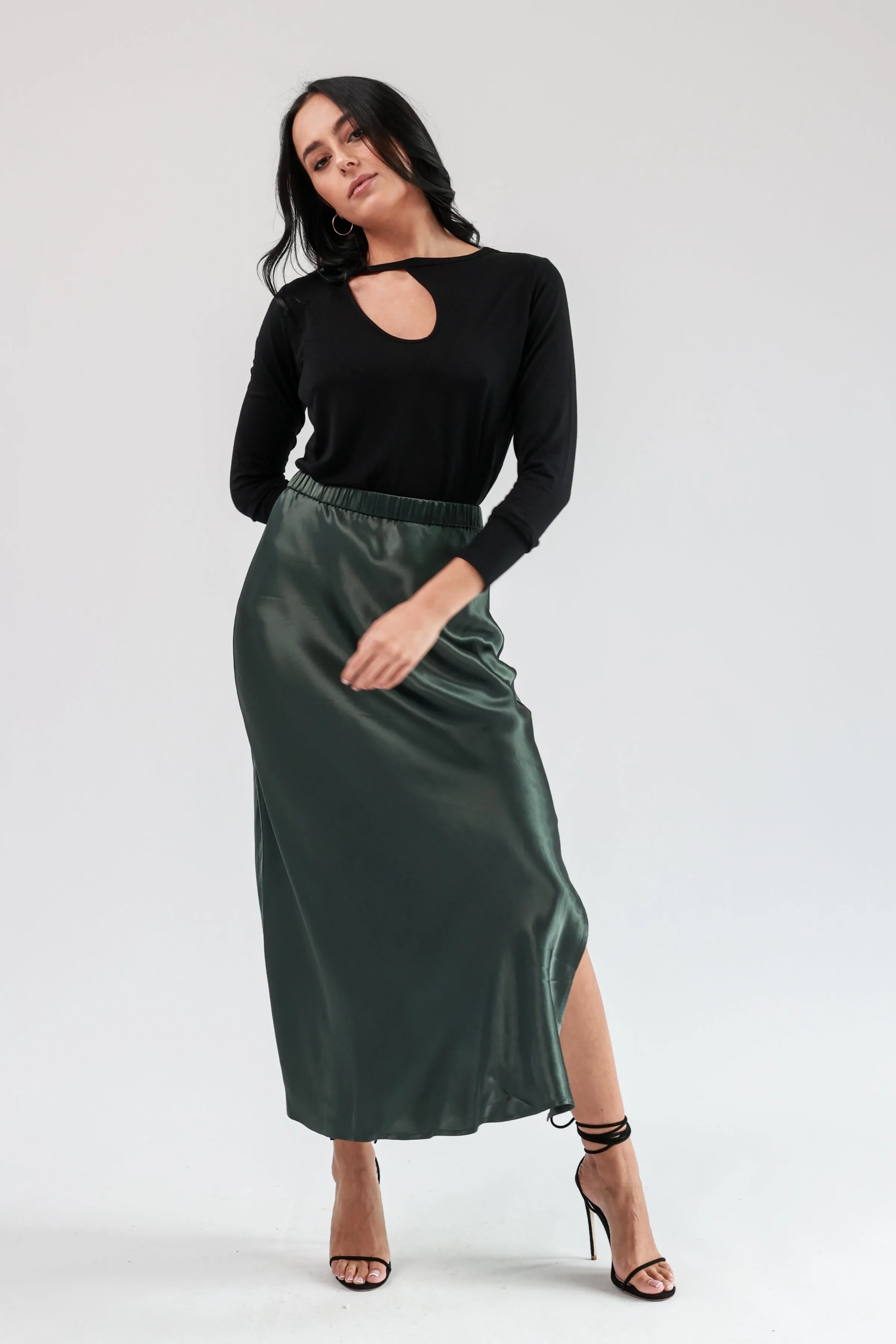 "The Orla" - Satin Midi Skirt (Khaki)