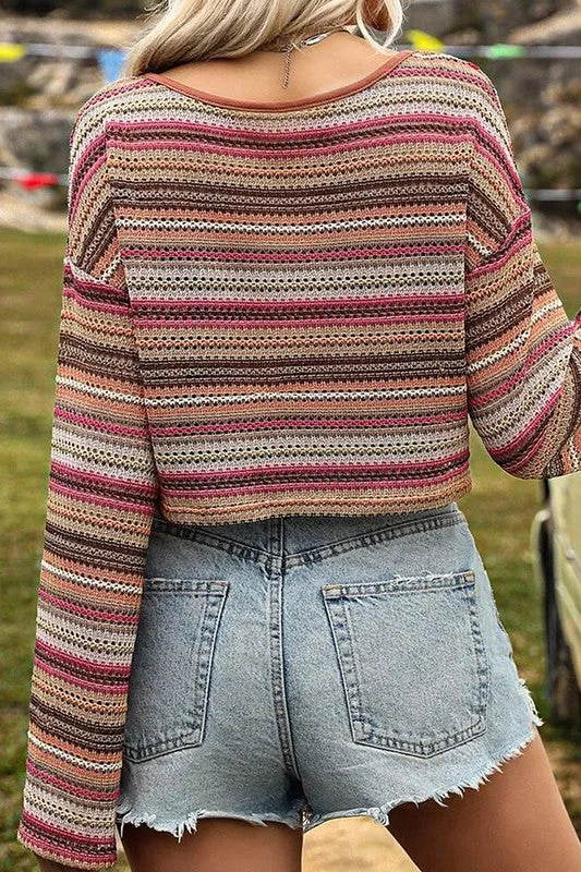 Red Ethnic Striped Wide Cropped Long Sleeve Top Blouse Sweater