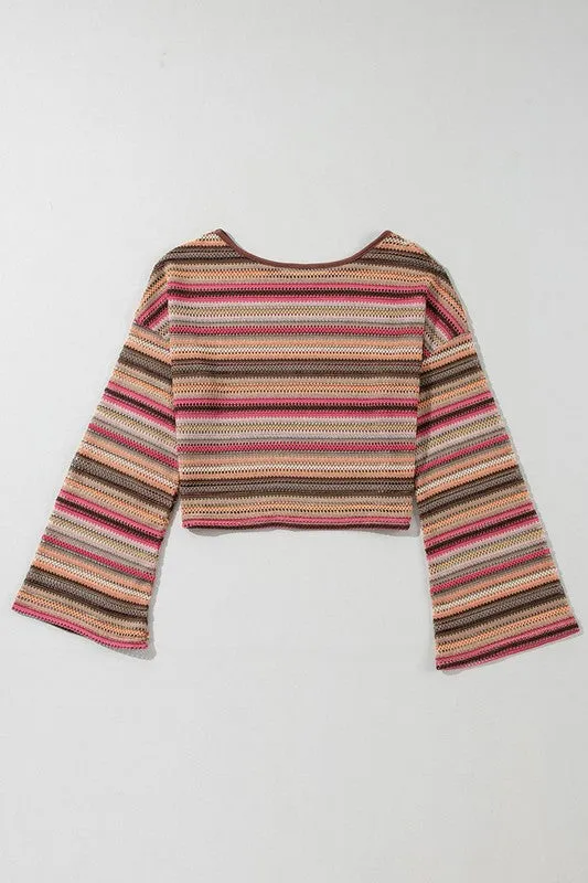 Red Ethnic Striped Wide Cropped Long Sleeve Top Blouse Sweater