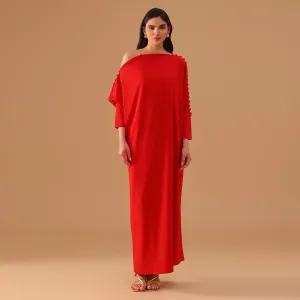 Red Off Shoulder Long Sleeve Crepe Kaftan
