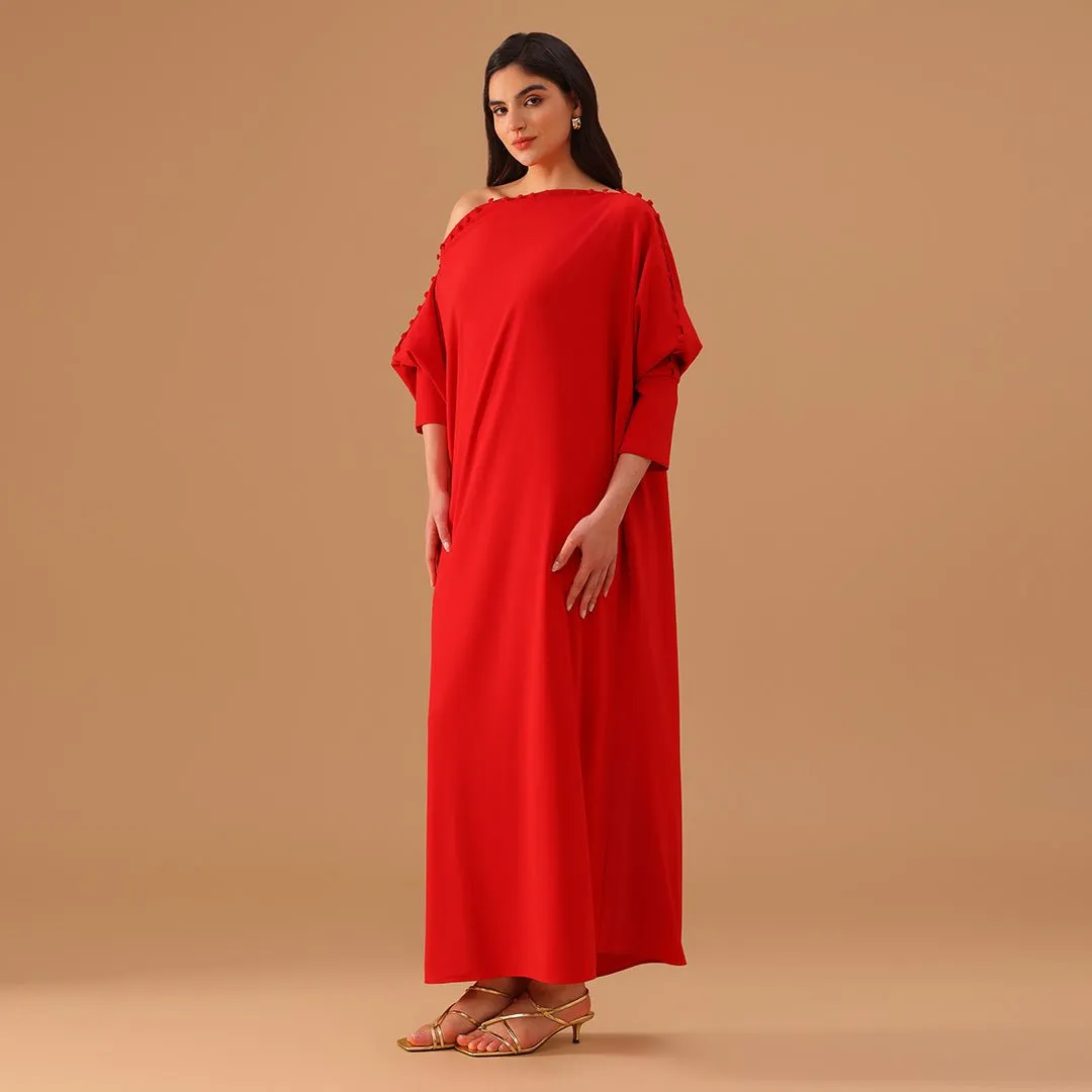 Red Off Shoulder Long Sleeve Crepe Kaftan
