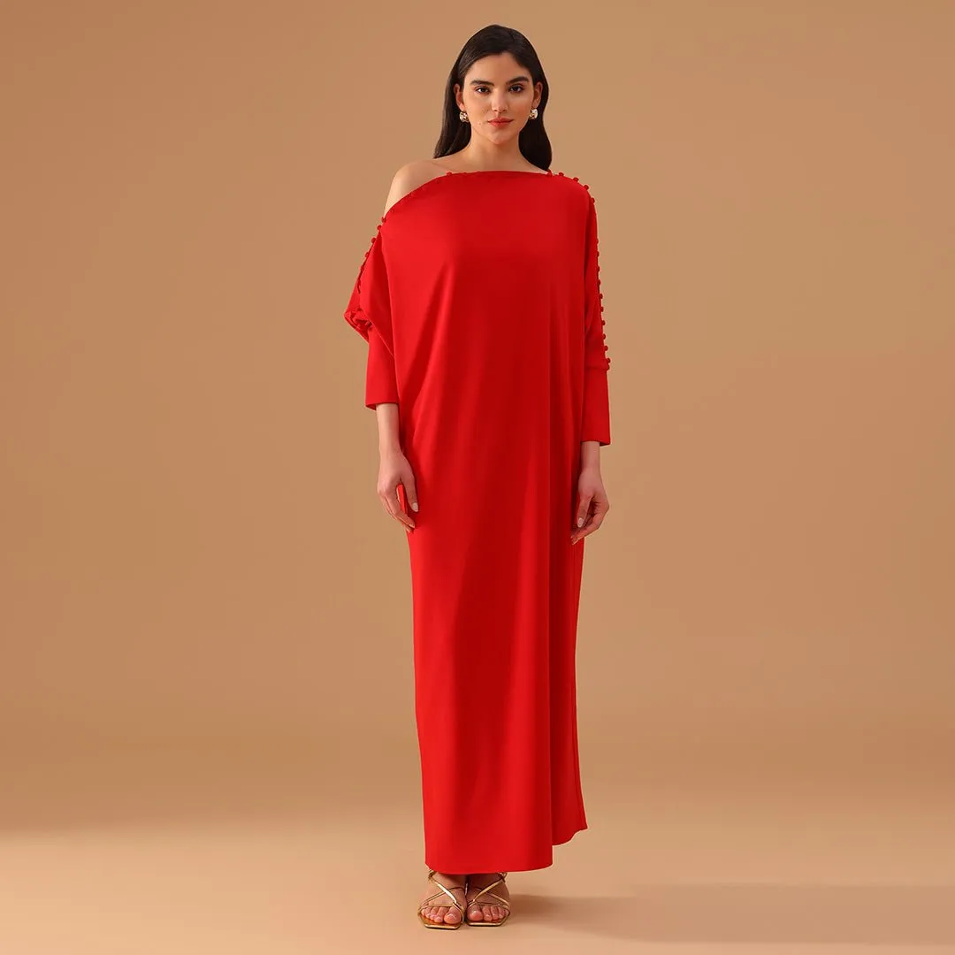 Red Off Shoulder Long Sleeve Crepe Kaftan