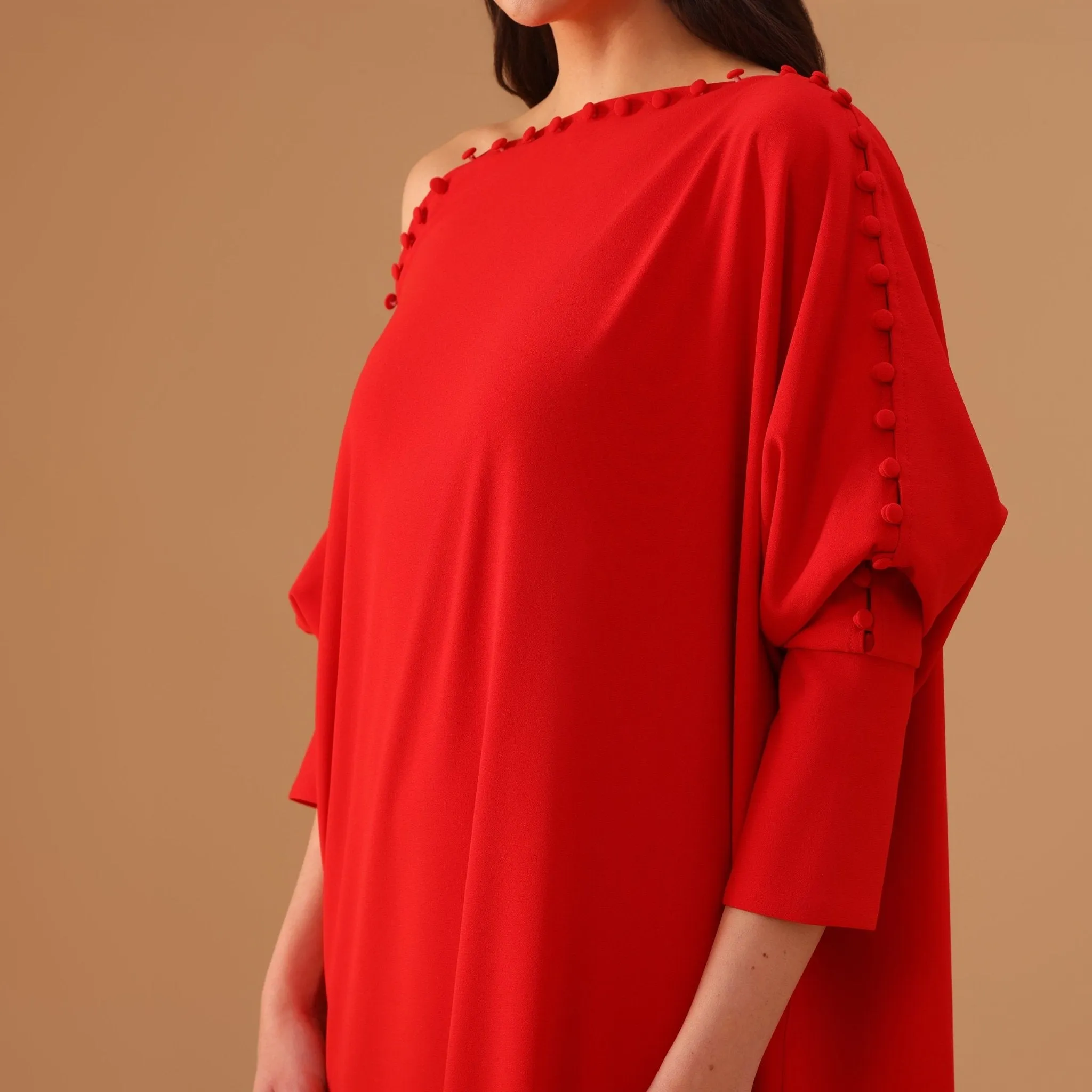 Red Off Shoulder Long Sleeve Crepe Kaftan