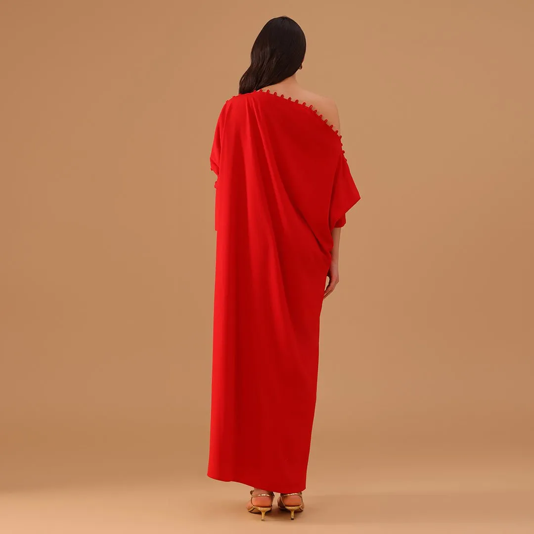 Red Off Shoulder Long Sleeve Crepe Kaftan
