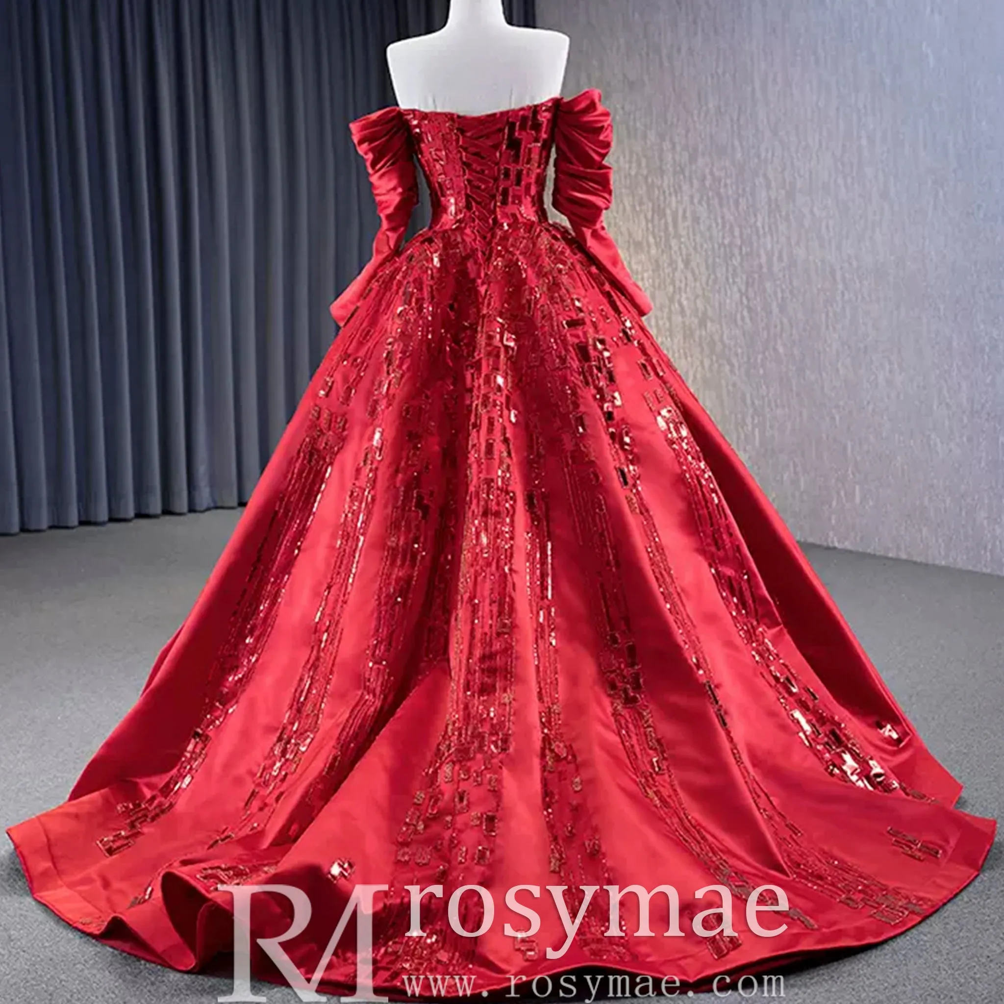Red Off the Shoulder Sequin Quinceanera Dress Long Sleeve Formal Gown