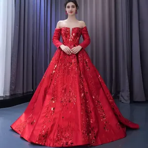 Red Off the Shoulder Sequin Quinceanera Dress Long Sleeve Formal Gown