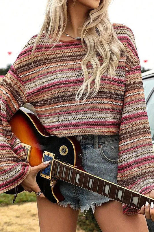 Red Striped Wide Cropped Long Sleeve Top