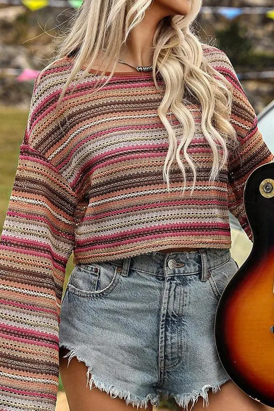 Red Striped Wide Cropped Long Sleeve Top