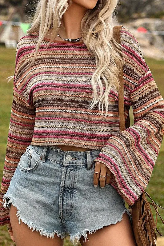 Red Striped Wide Cropped Long Sleeve Top