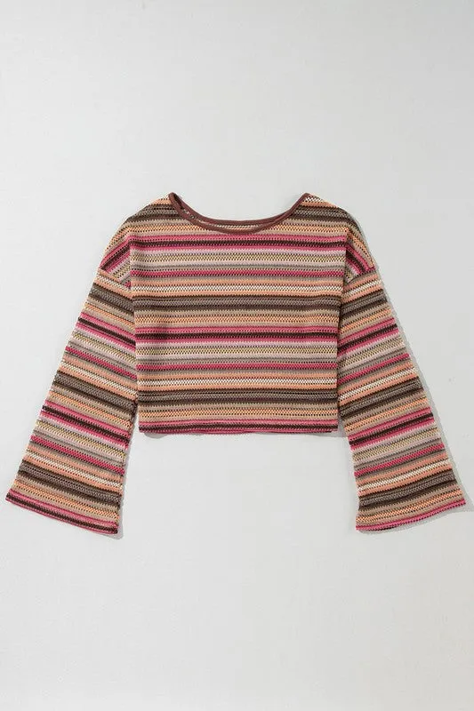 Red Striped Wide Cropped Long Sleeve Top