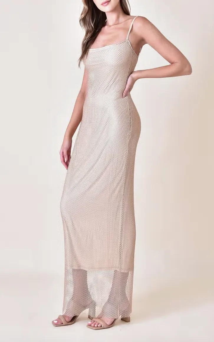 Rhinestone Mesh Adjustable Maxi Dress
