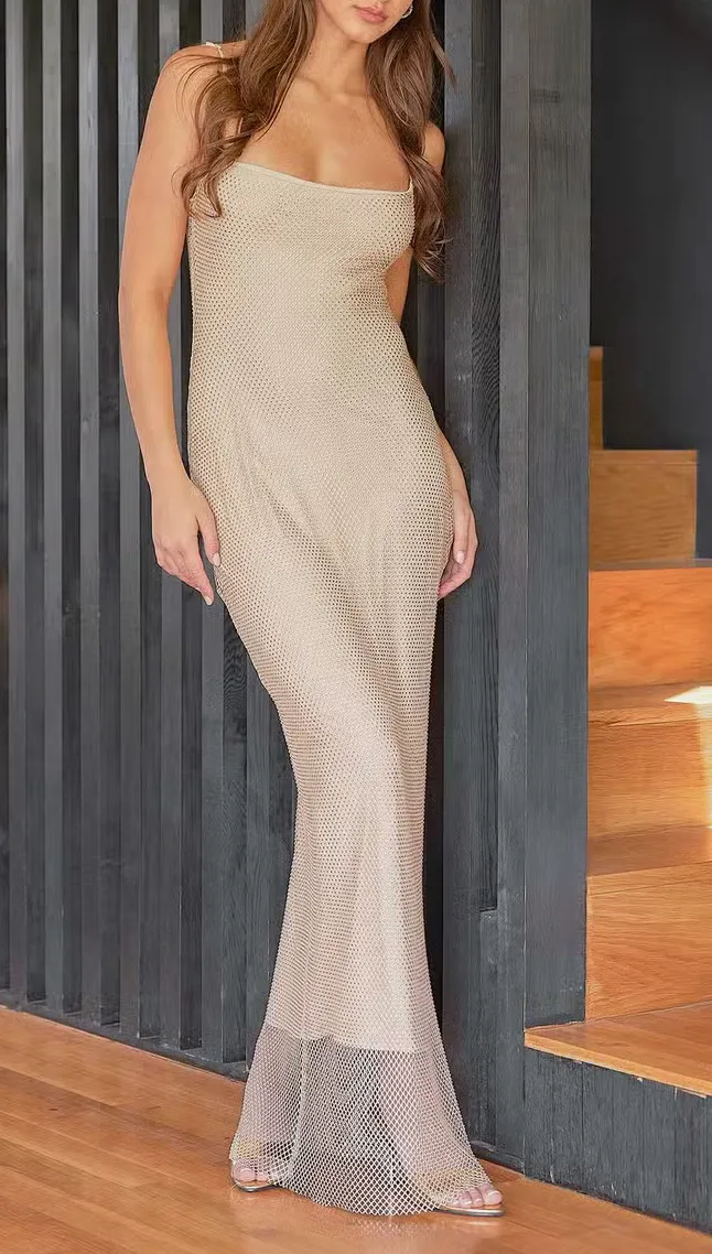Rhinestone Mesh Adjustable Maxi Dress