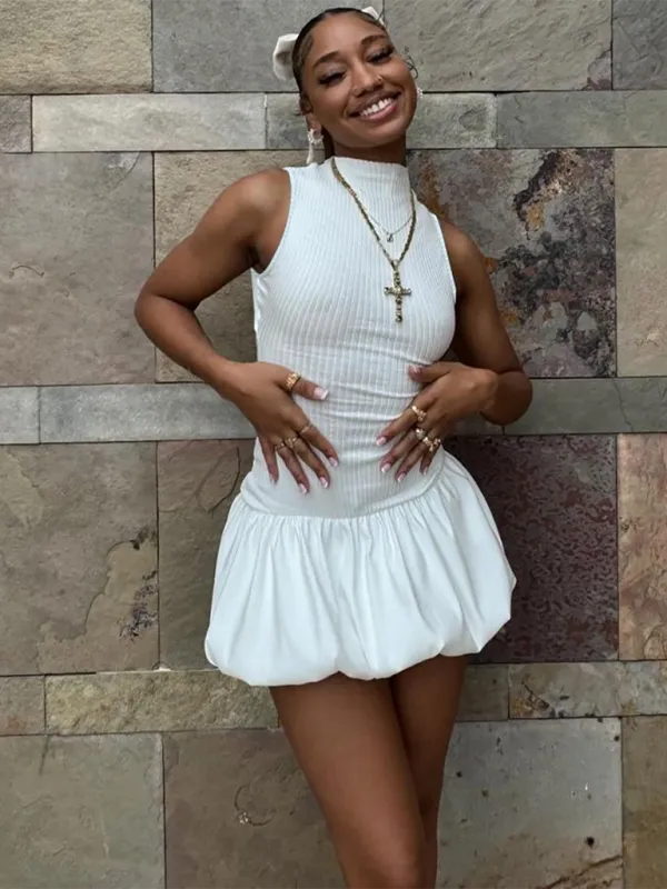 Ribbed Bodice Mini Dress with Pleated Skirt