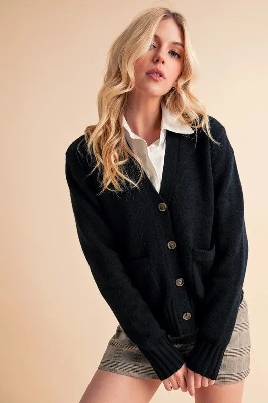 Ribbed Hem Button Down V-Neck Cardigan