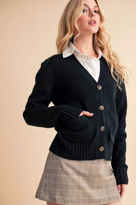 Ribbed Hem Button Down V-Neck Cardigan