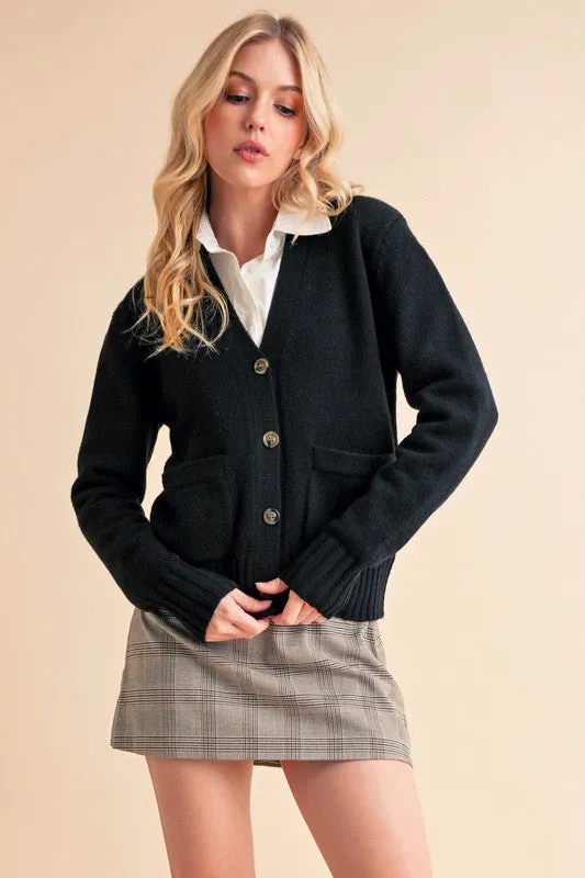 Ribbed Hem Button Down V-Neck Cardigan