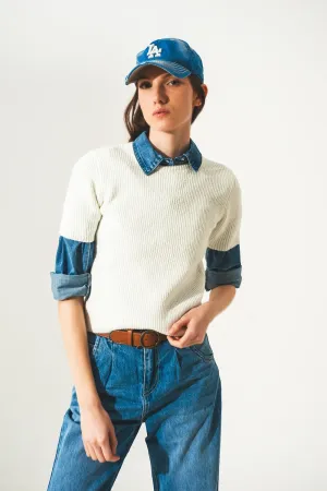 Ribbed short sleeve crop knitted top in cream