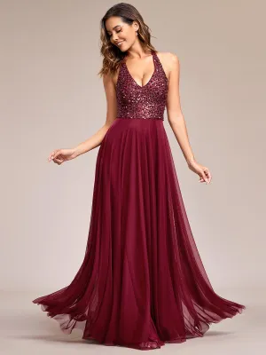 Robe de soirée en tulle à paillettes scintillantes et col licou