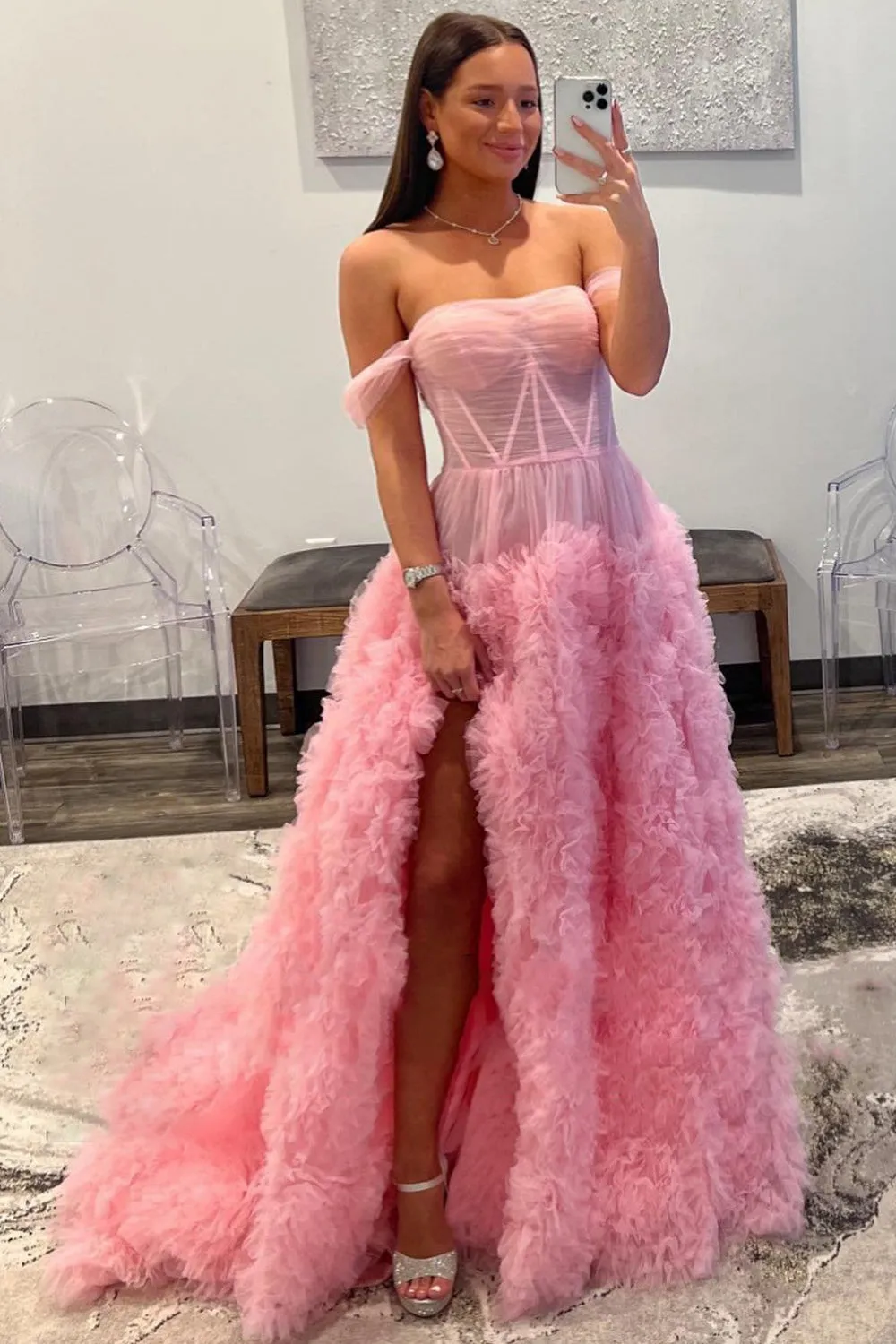Roycebridal Kenia |A Line Off the Shoulder Ruffled Tulle Prom Dress with Slit