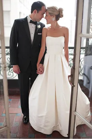 Roycebridal Simple Ivory Satin Sweetheart Strapless Wedding Dress With Court Train, MW532