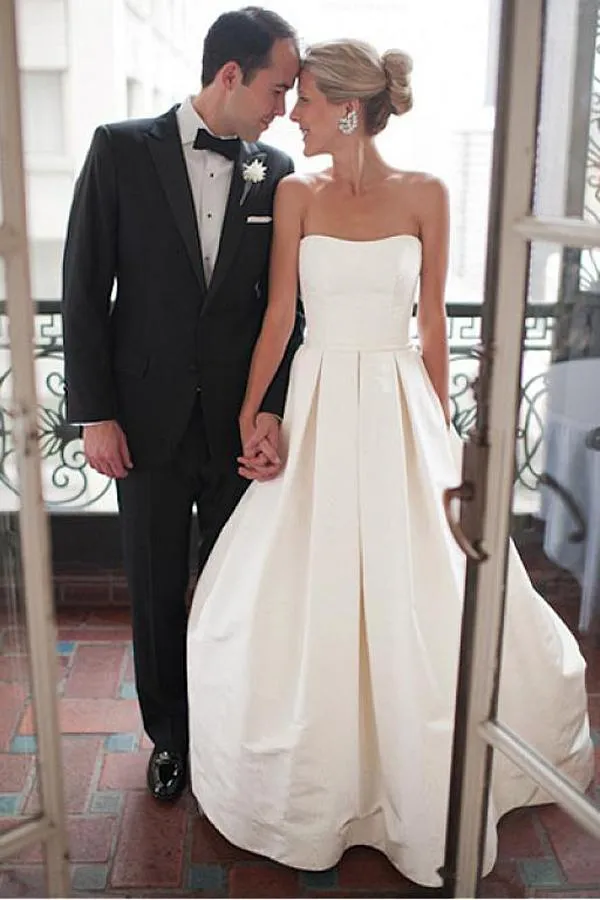 Roycebridal Simple Ivory Satin Sweetheart Strapless Wedding Dress With Court Train, MW532