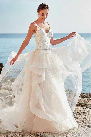 Roycebridal Tulle A-line Beaded Spaghetti Straps Backless Wedding Dress, Bridal Gown, MW734
